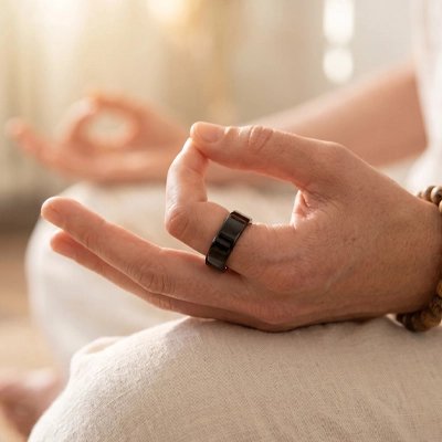Bague connectée mains en méditation avec bague connectée noire