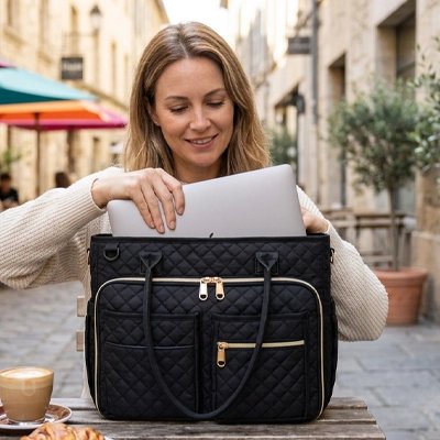 Sac à main ordinateur femme à l'extérieur qui range son sac