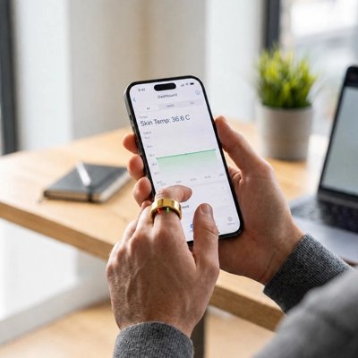 Bague connectée bague connectée au doigt, smartphone en main au bureau