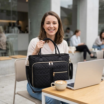 Sac à main ordinateur femme en terrasse avec son ordinateur