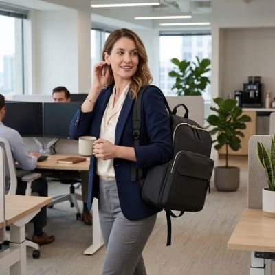 Sac à dos ordinateur femme au bureau qui porte son sac sur l'épaule