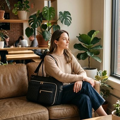 Sac à main ordinateur femme qui patiente sur un fauteuil avec son sac