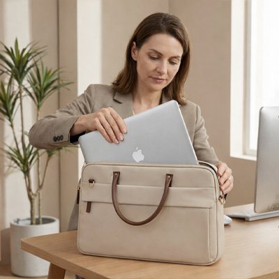 Sac ordinateur femme qui range son ordinateur
