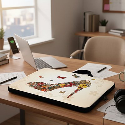 Sacoche ordinateur femme sur le bureau avec l'ordinateur